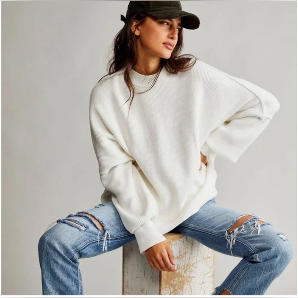 FREE PEOPLE Easy Street Tunic Ribbed Oversized Sweater Painted White Size M